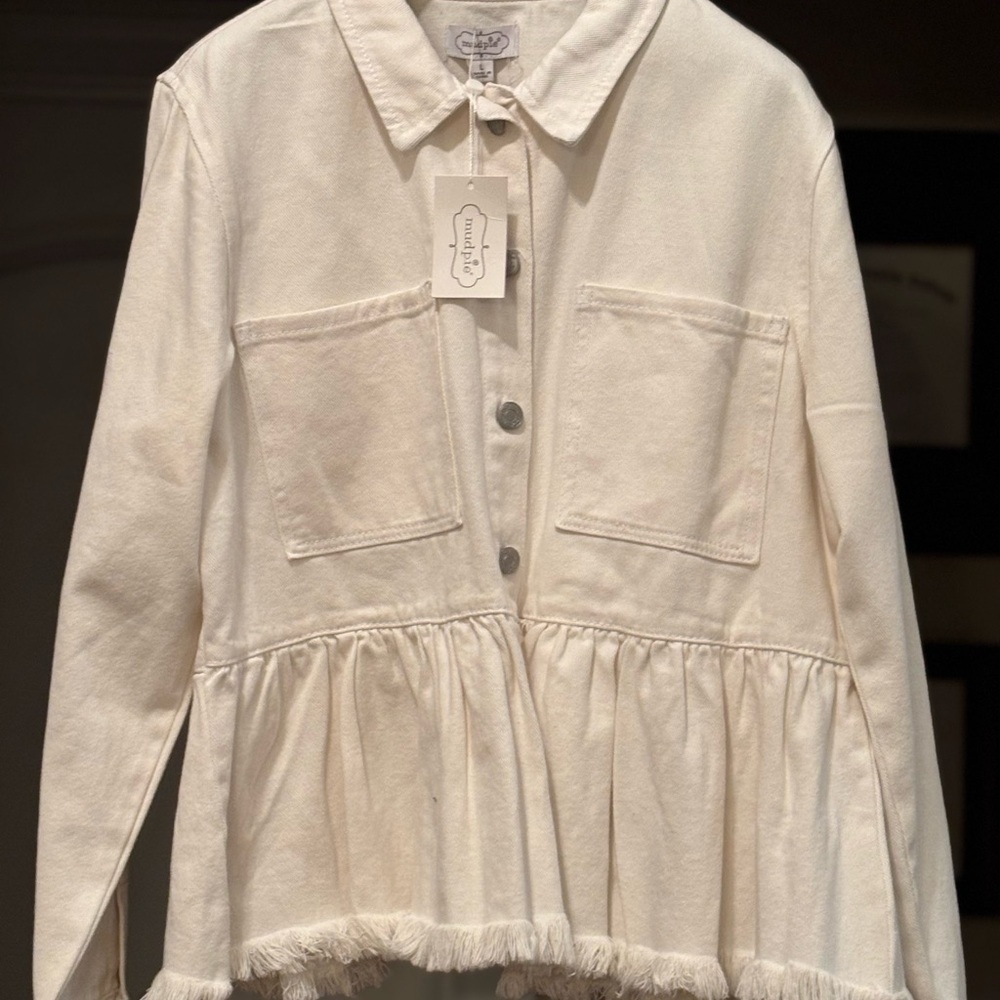 Mudpie White Denim Peplum/ Babydoll jacket with frayed edges Sz Large NWT